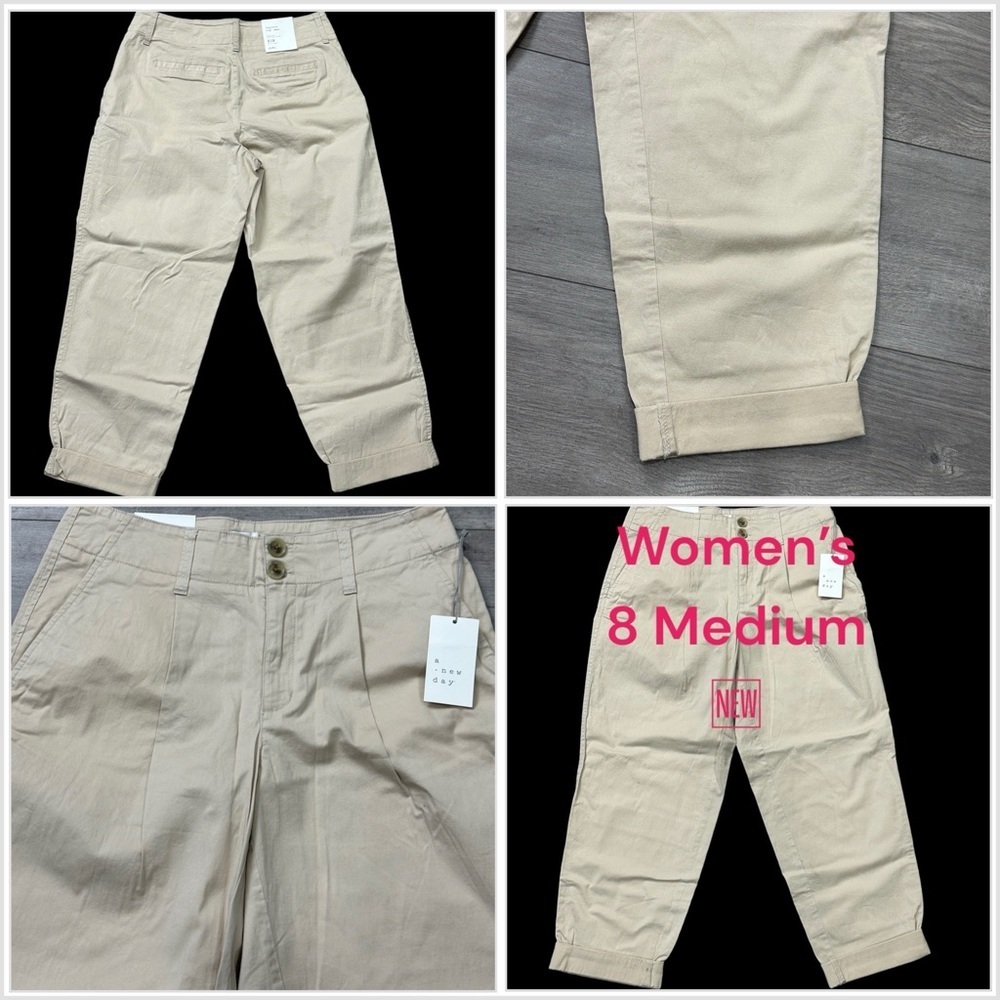 Women’s a new day 8 Medium Chino Khakis Pants Khaki Tapered Leg Stretch Rolled